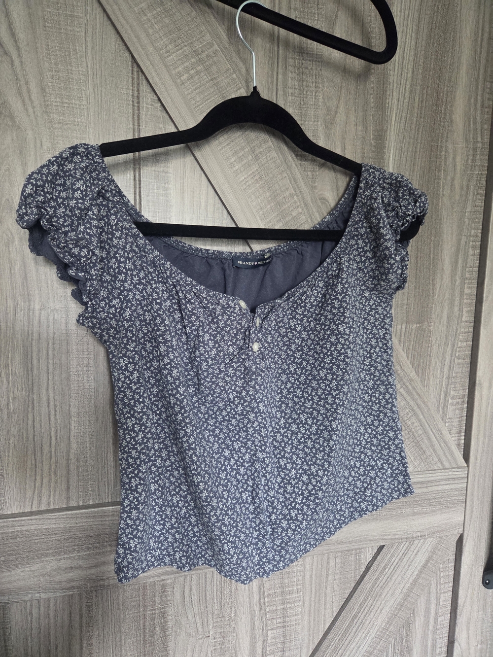 Brandy Melville Navy Blue Floral Scoop Neck Blouse